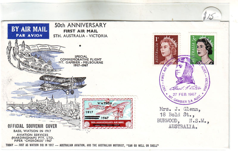Australia - Aviation cover/cinderella, 50th Anniv. 1st Airmail S.A. 1967