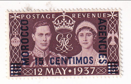 Morocco Agencies - Coronation 1½d with MOROCCO AGENCIES 15 CENTIMOS o/p 1937(M)