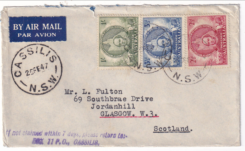 Australia - Cover, Air Mail from Cassilis to Glasgow Mitchel set 1947