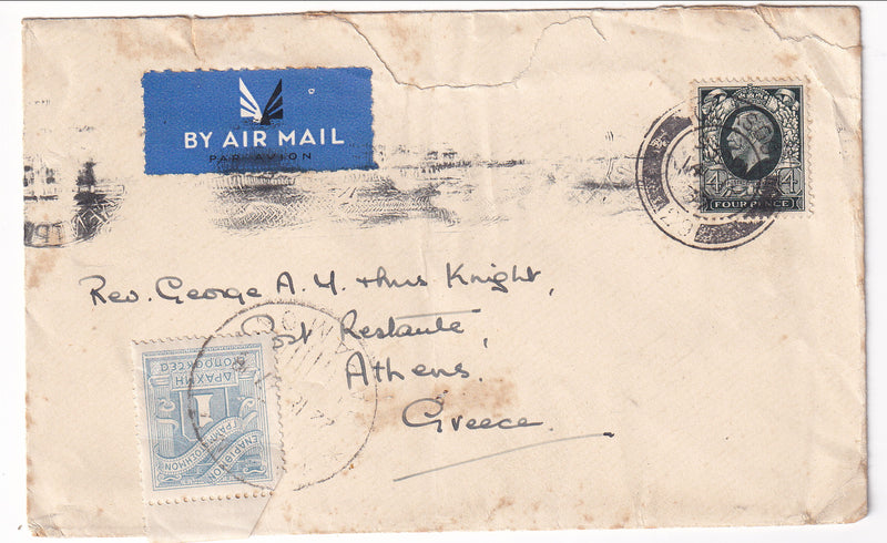 Great Britain - Cover, Airmail to greece with Postage Due 1937