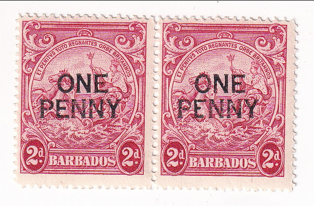 Barbados - Badge of the Colony 2d with ONE PENNY o/p 1947(M) FLAW