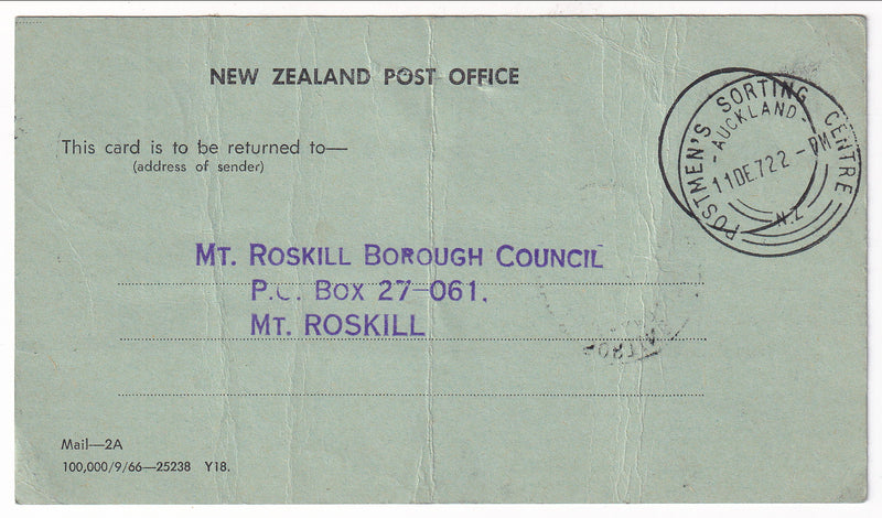 New Zealand - N. Z Post Office Advice of Delivery card 1966