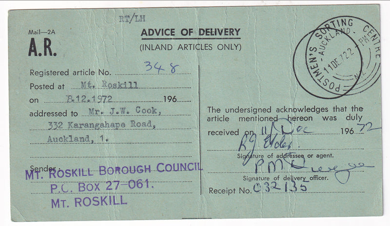 New Zealand - N. Z Post Office Advice of Delivery card 1966