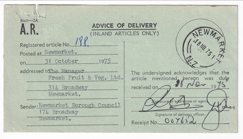 New Zealand - N. Z Post Office Advice of Delivery card 1970