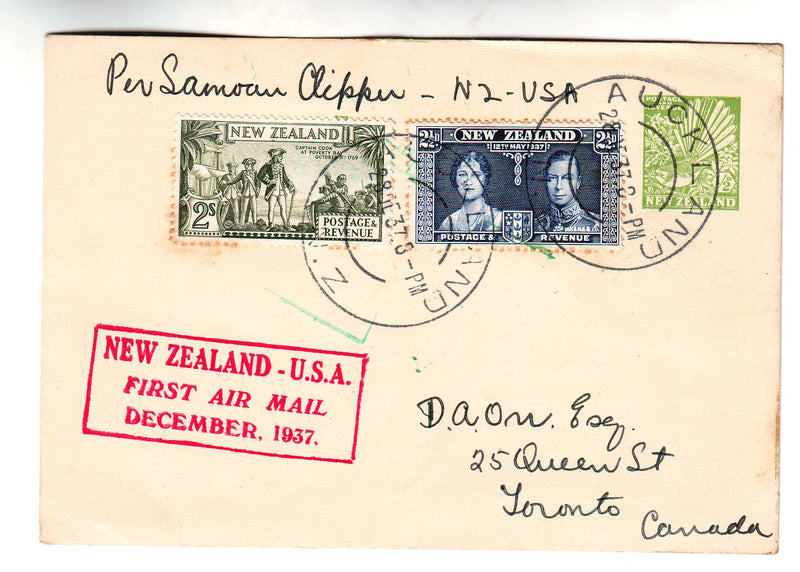 New Zealand - Aviation postcard, Auckland-San Francisco 1938