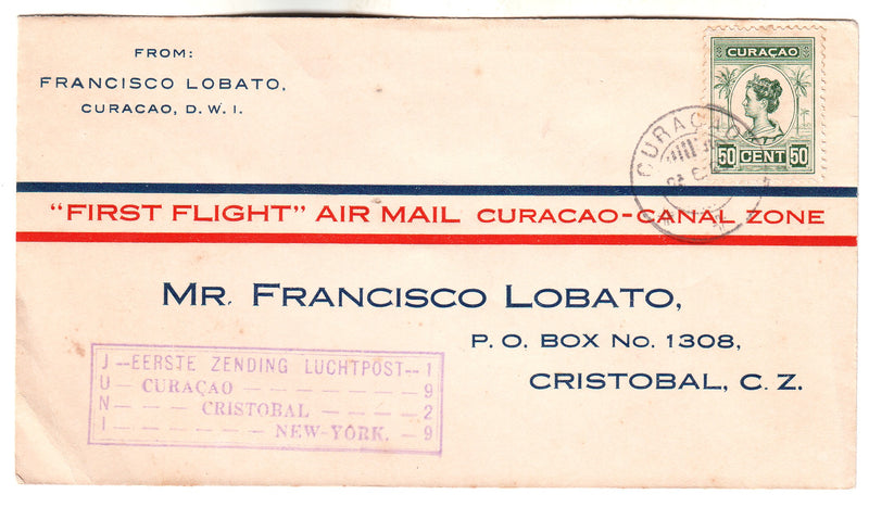 Curacao - First Flight cover to Canal Zone 50c 1929