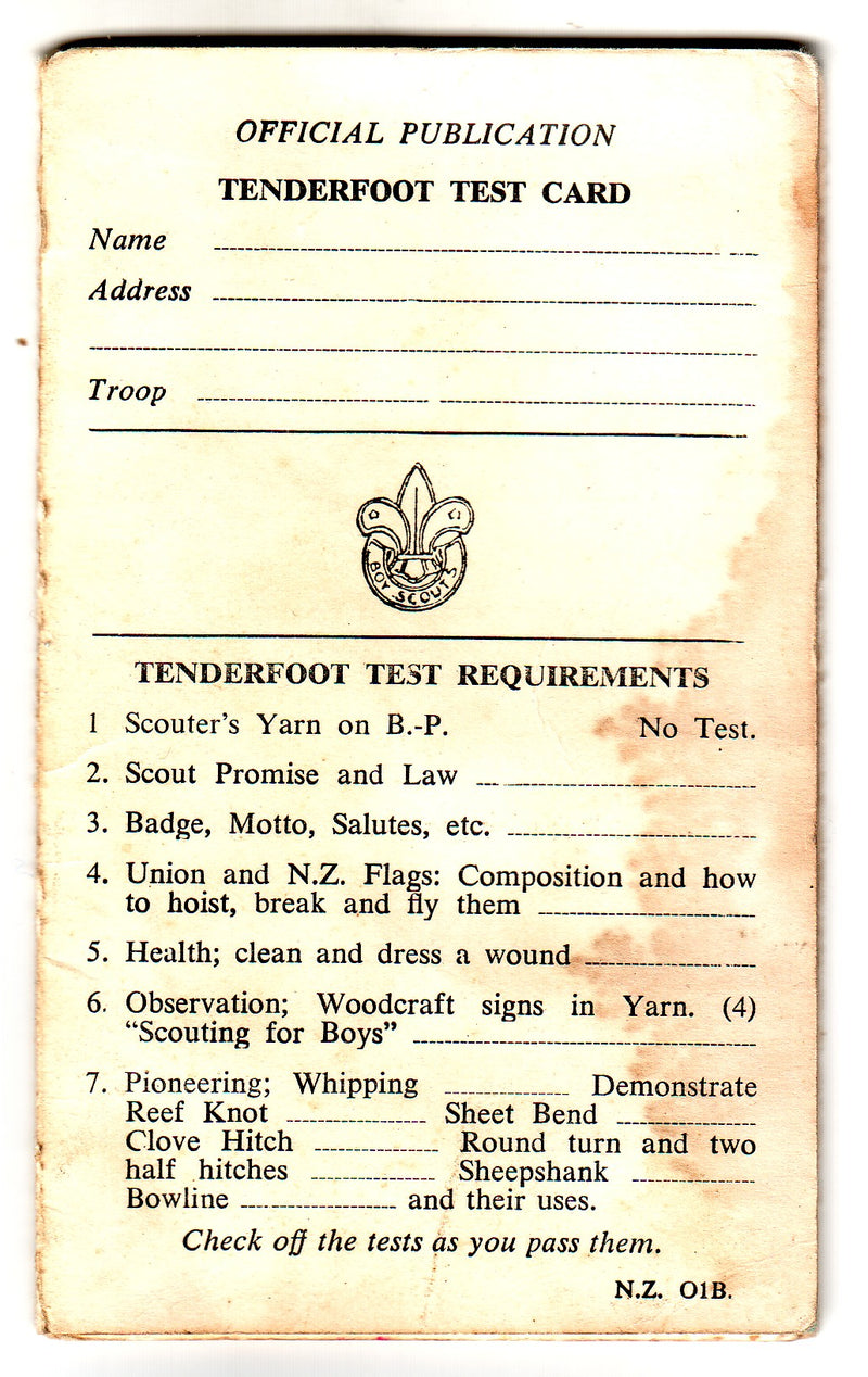 New Zealand - Scouting, Early Tenderfoot Test Card