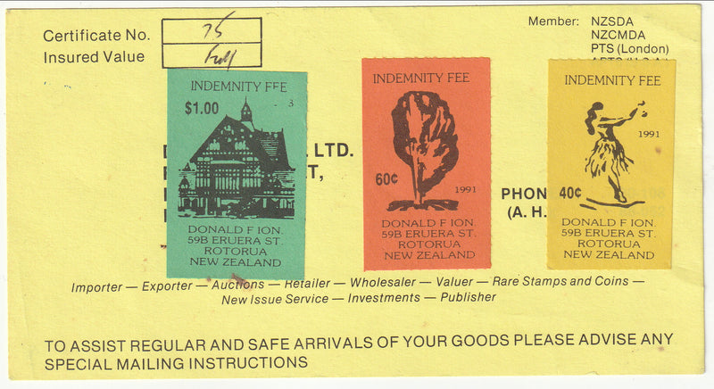 New Zealand -Cinderella - Dealers Indemnity Fee card/labels 1991(2)