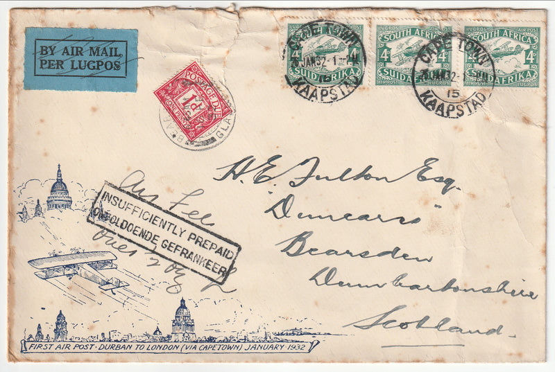 South Africa - Cover, First Air Post Durban to London 1932 'Jusqua'